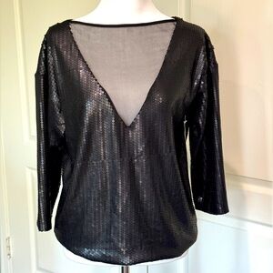 Black Sequined V Neck Keyhole Blouse w/Mesh Deep V